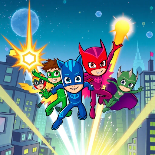 PJ Masks, heroic adventure, saving the planet, dynamic action, colorful costumes, vibrant cityscape, night sky, galaxy, dramatic poses, teamwork, childhood wonder, masked heroes, cartoon style, bold outlines, high contrast, vivid colors, influence of Jack Kirby, Marvel Comics aesthetics, urban setting, futuristic architecture, energy beams, epic storytelling, narrative panels, playful yet serious tone, young heroes, imaginative scenarios, comic artistry