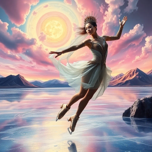 olympic figure skating contestant, surreal background, ethereal landscapes, Salvador Dalí influence, dreamlike ambiance, fluid motion, vibrant hues, contemporary elegance, intricate costume design, dynamic movement, shimmering ice, soft lighting, balanced composition, whimsical elements, distorted reality, imaginative scenery, avant-garde aesthetics, surrealistic elements, emotional depth, contrast between reality and imagination, majestic form, expressive gestures, symbolic imagery, captivating atmosphere, flowing lines, suspended in motion, delicate balance