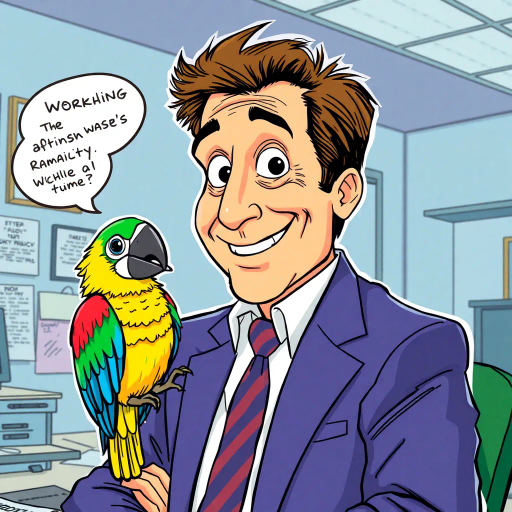 michael scott, parrot, vibrant colors, humorous expression, dynamic composition, 2000s pop culture, satirical tone, comedic timing, sketch-like outlines, exaggerated features, playful mood, vibrant palette, tv sitcom influences, american office setting, character-centric, lighthearted ambiance, witty dialogue, dundie awards, office environment, pop art style, interplay of humor and absurdity