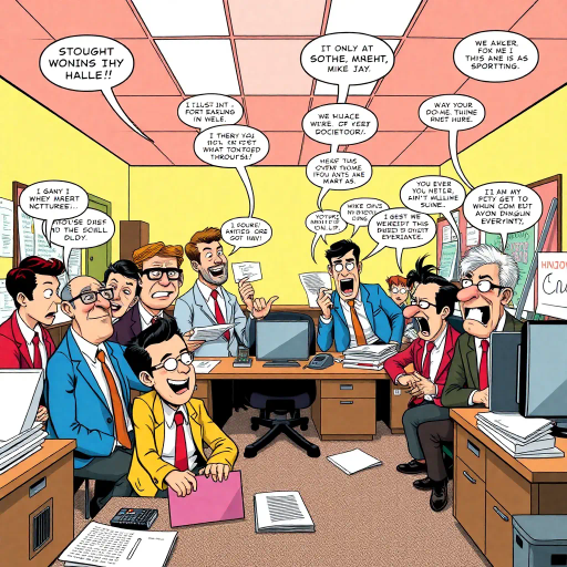 satirical workplace comedy, surreal humor, ensemble cast, bureaucratic chaos, 21st century pop culture, vibrant color palette, exaggerated expressions, dynamic panels, Roy Lichtenstein influences, witty dialogue, mundane office setting, everyday absurdities, overlapping story arcs, exaggerated caricatures, visual puns, contemporary Americana, awkward social interactions, humorous banter, slapstick elements, narrative vignettes, satirical undertones