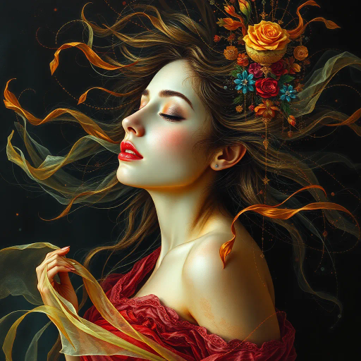 renaissance, chiaroscuro, vibrant colors, surreal, ethereal presence, intricate details, flowing lines, emotive expression, Baroque influence, visual storytelling, dynamic composition, soft textures, contemporary twist, female figure, abstract interpretation, harmonious balance, vivid motion, layered imagery, psychological depth, emotional resonance, tonal contrast, modern reflection, blended mediums, atmospheric, timeless beauty