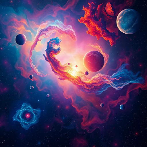 cosmic vistas, abstract nebulae, surreal starfields, celestial bodies, vibrant colors, swirling galactic patterns, ethereal atmosphere, Hubble Telescope-inspired, van Gogh starry textures, dreamscape universe, vast expanses, cosmic dust, luminous glow, interstellar travel, mystical aura, science fiction, visionary composition, infinite cosmos, contemporary fantastical elements