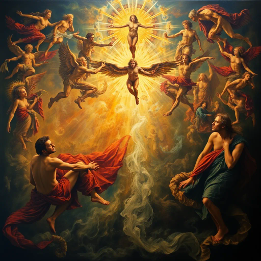 intricate tapestry of existence, ethereal light, Caravaggio, Renaissance influence, vibrant hues, intricate symbolism, allegorical figures, life cycle motifs, chiaroscuro, dynamic composition, surreal elements, emotional depth, organic forms, interwoven destinies, mythological references, rich textures, delicate line work, timeless essence, universal themes, complex narratives