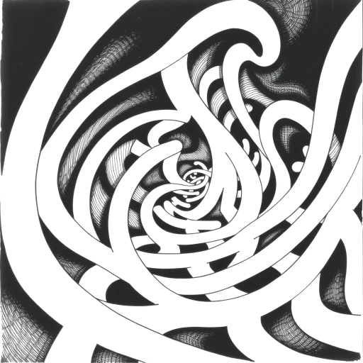 geometric shapes, intricate patterns, flowing lines, minimalist design, abstract expression, monochrome palette, dynamic movement, M.C. Escher influence, precise detailing, linear perspective, conceptual exploration, visual harmony, contour emphasis, spatial depth, surreal geometry, optical illusions, mathematical precision, avant-garde composition, Escherian landscapes, pen and ink medium, black and white contrast, intersecting lines, detailed tessellation, fluid dynamics, rhythmic patterns, visual paradox, complex symmetry, creative geometry, fine linework, subtle gradients, modern abstraction, artistic innovation, interlocking forms, infinite loops, artistic paradox, surreal complexity, Escheresque illusions, visual enigma, intricate symbology, artistic contemplation, rhythmic fluidity