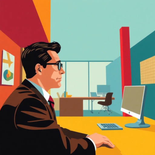 michael scott, geometric abstraction, vibrant colors, complex shapes, post-modernism, cubist influences, office humor, dynamic perspective, symmetrical balance, clean lines, minimalist textures, pop culture reference, expressive composition, playful mood, sharp angles, bold contrasts, workplace symbolism, art deco elements, Steve Carell as muse, contemporary setting, thematic depth