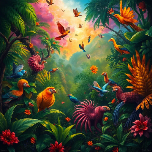 vibrant rainforest, carnival energy, tropical palette, intricate textures, Gustavo Rosa, surrealism, expressive forms, dynamic movement, colorful feathers, mystical beings, atmospheric perspective, lush foliage, samba rhythms, cultural tapestry, radiant lighting, whimsical creatures, vibrant celebrations, exotic wildlife, lively atmosphere, magical realism, imaginative scenery, rhythmic patterns, bold silhouettes