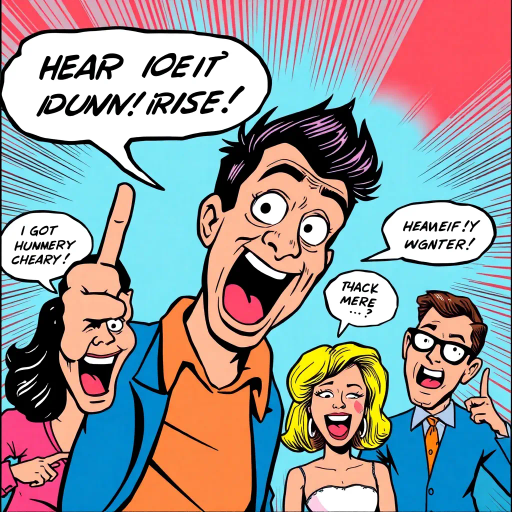 satirical humor, dynamic expression, pop culture references, Roy Lichtenstein, bold outlines, vibrant colors, exaggerated features, humorous storytelling, speech bubbles, graphic novel style, contemporary irony, playful composition, visual punchline, sequential art, contemporary satire, pop art, graphic wit, artistic parody, narrative sequence, expressive characters, visual humor, modern aesthetics