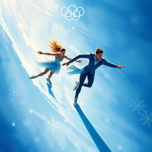 winter Olympics, figure skating, athletes in motion, majestic grace, dynamic poses, icy blues and whites, shimmering ice, golden highlights, expressive movement, high contrast, detailed costumes, modern elegance, vibrant energy, Chagall-inspired figures, snowflake patterns, geometric ice, dramatic composition, aerial view, swirling patterns, frost-like textures, delicate brushwork, ethereal atmosphere, competitive spirit, Olympic rings, timeless elegance, global celebration