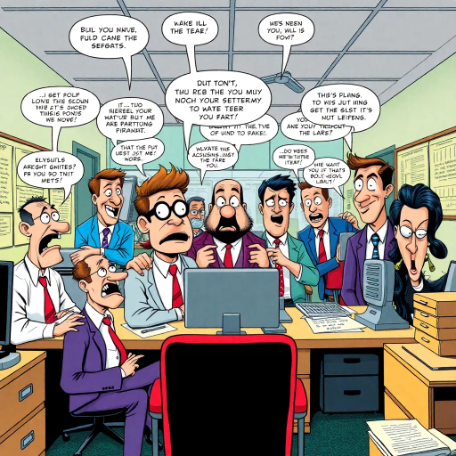 satirical workplace comedy, surreal humor, ensemble cast, bureaucratic chaos, 21st century pop culture, vibrant color palette, exaggerated expressions, dynamic panels, Roy Lichtenstein influences, witty dialogue, mundane office setting, everyday absurdities, overlapping story arcs, exaggerated caricatures, visual puns, contemporary Americana, awkward social interactions, humorous banter, slapstick elements, narrative vignettes, satirical undertones