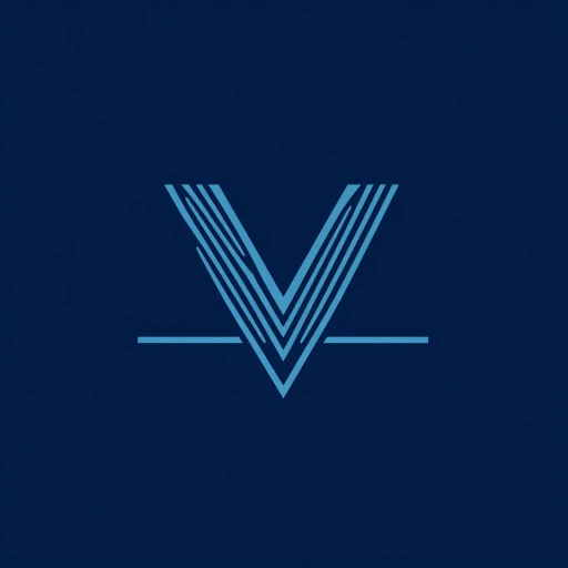 geometric design, lettermark logo, abstract composition, bold parallel strokes, V-shaped bridges, hierarchy levels, indigo blue, minimalistic vector art, flat design, clean lines, stark contrast, modern typography, precise angles, architectural influence, symmetry, spatial arrangement, contemporary aesthetics, visual hierarchy, white negative space, simplicity, structural balance