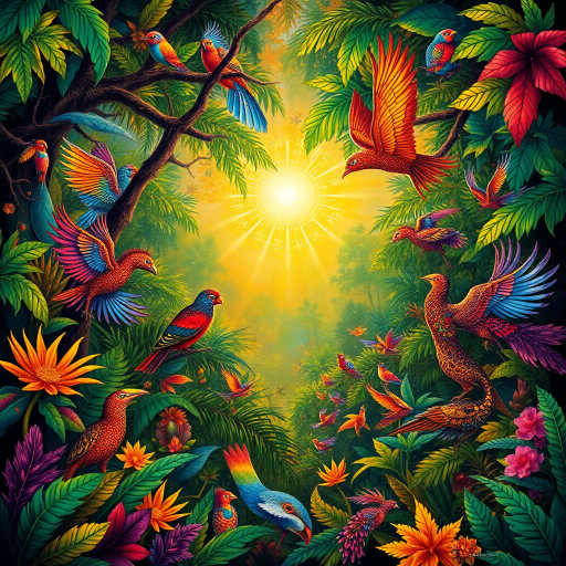 vibrant rainforest, carnival energy, tropical palette, intricate textures, Gustavo Rosa, surrealism, expressive forms, dynamic movement, colorful feathers, mystical beings, atmospheric perspective, lush foliage, samba rhythms, cultural tapestry, radiant lighting, whimsical creatures, vibrant celebrations, exotic wildlife, lively atmosphere, magical realism, imaginative scenery, rhythmic patterns, bold silhouettes