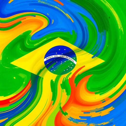 vibrant Brazilian flag, swirling colors, dynamic movement, tropical influences, modern digital techniques, vivid greens, deep yellows, royal blues, abstract expressionism, colorful splashes, textured layering, cultural richness, iconic symbolism, national pride, rhythmic patterns, energetic composition, oval forms, contemporary interpretation, lively atmosphere, digital brushstrokes, experimental canvas, immersive scale, seamless blend, harmony and unity, historical resonance, artistic celebration