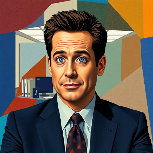 Michael Scott, The Office, geometric shapes, cubism-inspired, vibrant colors, abstract representation, angular forms, dynamic composition, contrast between sharp and soft lines, 2000s pop culture, office setting, humorous undertones, surrealism, modernist techniques, vibrant blues and grays, layered textures, perspectives intersecting, Steve Carell as an artistic icon, playful interpretation, contemporary art influences, geometric abstraction