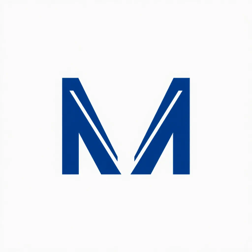 minimal M logo, two vertical strokes, perspective convergence, depth, hierarchy, solid indigo blue, geometric structure, modern tech design, flat vector illustration, clean lines, white background, contemporary aesthetics, precision, symmetry, balance, futuristic approach, sleek elegance, simplicity, innovation, dynamic form, visual impact
