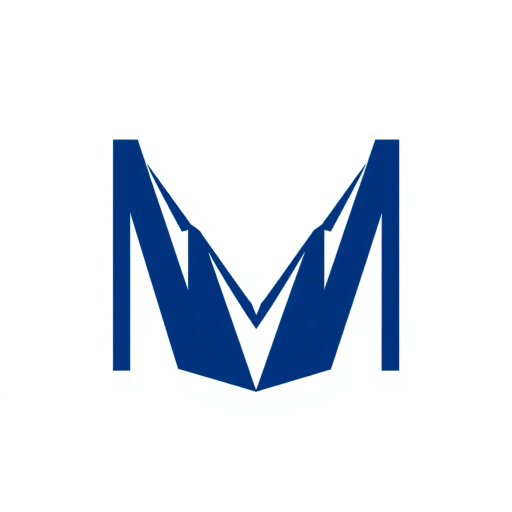 geometric M lettermark, bold vertical strokes, angled V-shaped bridges, hierarchy, solid indigo blue, minimalism, flat vector design, clean white background, modern typography, precision, simplicity, strong visual identity, abstract representation, corporate branding, bold lines, negative space, symmetrical composition, Bauhaus influence, contemporary design