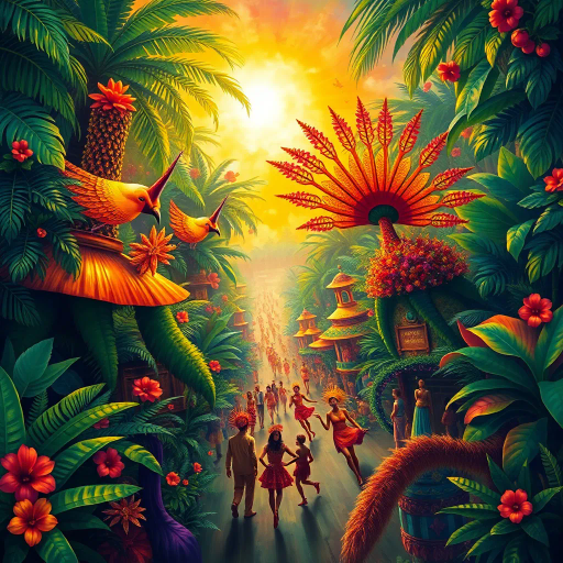 vibrant carnival, amazon jungle, lush greenery, rich cultural tapestry, Carmen Miranda, surrealism, tropical hues, dynamic movement, rhythmic energy, expressive colors, intricate patterns, lively street scenes, samba dancers, exotic wildlife, atmospheric perspective, detailed textures, magical realism, cultural diversity, spirited festivities, radiant sunlight, complex compositions, whimsical elements, bold palettes, mystical atmosphere, fantastical landscapes, tropical flora and fauna
