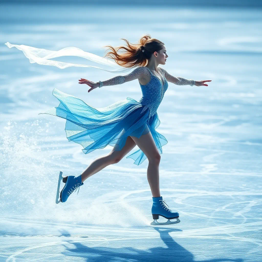 elegance in motion, winter skater, olympic spirit, crystalline ice, dynamic fluidity, ethereal grace, hyper-detailed, blue and silver hues, sparkling frost, dramatic lighting, Edgar Degas influence, elegant choreography, sportsmanship, athletic poise, icy textures, frozen landscape, sweeping panoramas, high speed motion, intricate costumes, reflective surfaces, celebratory atmosphere, geometric patterns, seamless flow, cultural celebration, human form, sleek lines, emotive expressions, giant scale, grand spectacle, movement in silence, abstract impressions