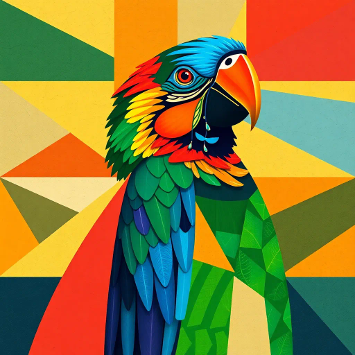 vivid parrot, geometric patterns, vibrant colors, cubism influences, Pablo Picasso, dynamic composition, abstract shapes, bold lines, tropical elements, fragmented forms, symmetry and asymmetry, kinetic motion, bright feathers, environmental textures, modernist twist, lively expression, angular perspectives, intense hues, cultural symbolism, contemporary framing