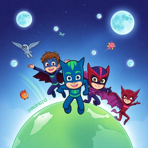 PJ Masks, saving the planet, heroic adventure, dynamic action, vivid illustrations, bold lines, superhero kids, stylized figures, vibrant colors, modern graphic novel, youthful energy, engaging story, intense drama, thrilling moments, imaginative settings, inspired by Marvel comics, Saturday morning cartoons, iconic poses, environmental themes, teamwork, diverse characters, cosmic battles, global impact, narrative tension, emotional journey, artistically crafted panels, sequential storytelling, powerful composition, kinetic movement, graphic design, vibrant expression, cosmic landscapes, environmental motifs