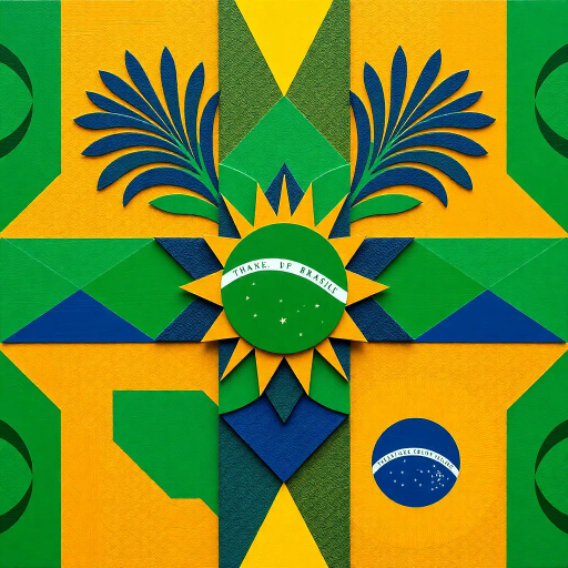vibrant colors, geometric shapes, cultural symbolism, rich textures, tropical influence, modern interpretation, national pride, intricate patterns, dynamic composition, bright green, vivid gold, deep blue, movement, contemporary style, Brazilian culture, Jorge Amado, playful textures, dimensional layering, abstract representation, optimism and unity