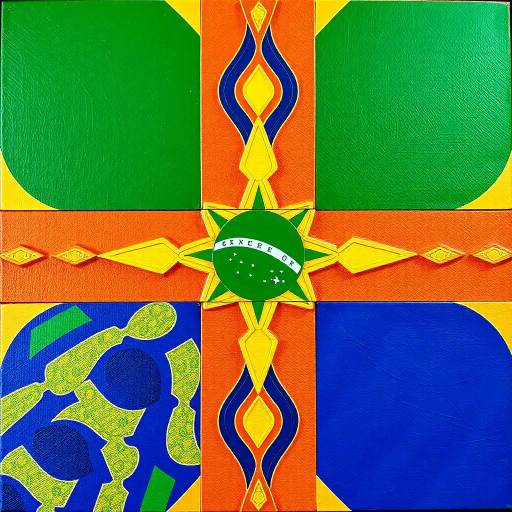vibrant colors, geometric shapes, cultural symbolism, rich textures, tropical influence, modern interpretation, national pride, intricate patterns, dynamic composition, bright green, vivid gold, deep blue, movement, contemporary style, Brazilian culture, Jorge Amado, playful textures, dimensional layering, abstract representation, optimism and unity