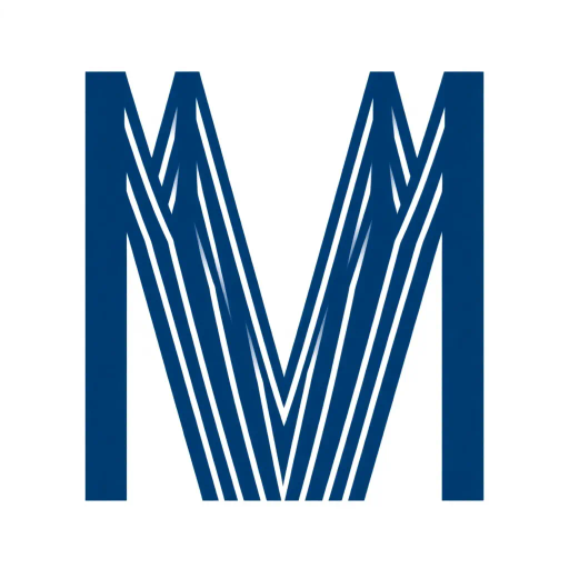 bold letter M, parallel strokes, tapering structure, upward hierarchy, indigo blue, geometric precision, vector design, minimalist aesthetic, structural elegance, balance and symmetry, clean composition, white background, modernist influences, Bauhaus geometry, minimal lines, disciplined form, artistic clarity