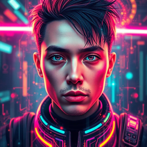 futuristic portrait, vibrant colors, cyberpunk aesthetic, neon glow, dynamic composition, intricate details, digital brushstrokes, high contrast, ethereal light, human and technology fusion, intricate patterns, cinematic framing, contemporary influences, virtual realism, surreal atmosphere, enigmatic expression, artistic amalgamation, abstraction, visual narrative, emotionally evocative