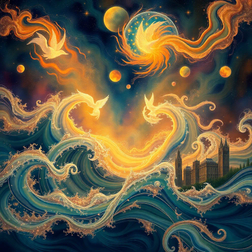 symphonic, harmonious rhythm, ethereal soundwaves, vibrant melodies, intense crescendos, Baroque elegance, Art Nouveau influences, dynamic motion, surreal landscapes, luminous hues, emotional resonance, orchestral symphony, swirling notes, cosmic harmony, abstract expressionism, vivid contrasts, musical allegories, flowing compositions, atmospheric textures, imaginative fantasy realms