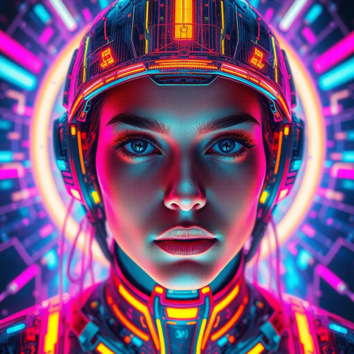 futuristic portrait, vibrant colors, cyberpunk aesthetic, neon glow, dynamic composition, intricate details, digital brushstrokes, high contrast, ethereal light, human and technology fusion, intricate patterns, cinematic framing, contemporary influences, virtual realism, surreal atmosphere, enigmatic expression, artistic amalgamation, abstraction, visual narrative, emotionally evocative