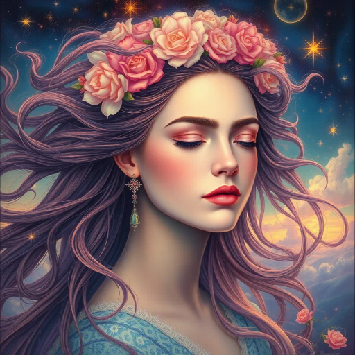 ethereal girl, serene expression, flowing hair, vibrant colors, surreal atmosphere, Frida Kahlo influence, Baroque lighting, mystical aura, intricate details, dreamlike landscape, whimsical elements, pastel shades, soft textures, imaginative setting, fairytale theme, enchanting mood, delicate features, fantasy realism, magical realm, storytelling depth, cosmic background, harmonious balance, celestial glow, Elizabethan inspiration, wonder and curiosity, dynamic composition, starry sky