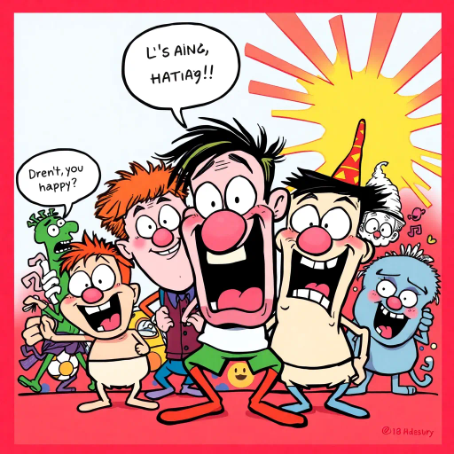 whimsical characters, vibrant colors, exaggerated expressions, humorous narrative, energetic lines, playful composition, slapstick humor, cartoonish style, lively movement, pop art influence, satirical undertones, bold outlines, dynamic panels, light-hearted atmosphere, comical scenarios, visual puns, humorous storytelling, vibrant palette, expressive gestures