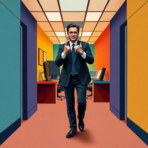 michael scott, geometric abstraction, vibrant colors, complex shapes, post-modernism, cubist influences, office humor, dynamic perspective, symmetrical balance, clean lines, minimalist textures, pop culture reference, expressive composition, playful mood, sharp angles, bold contrasts, workplace symbolism, art deco elements, Steve Carell as muse, contemporary setting, thematic depth