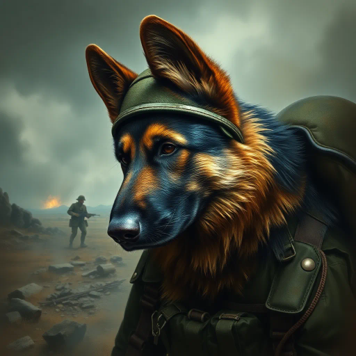 German shepherd, military theme, dynamic action, realistic textures, dramatic lighting, soldier in uniform, battlefield scenery, hyper-realistic fur detail, contrast, tension, Alex Ross, cinematic framing, bold composition, emotional intensity, movement, war-torn landscape, contemporary realism, powerful symbolism, strength, courage, protective stance, close-up perspective, muted color palette, storytelling elements, visual narrative, hyper-realism, intense emotion, modern warfare, detailed fur rendering, heroism, strategic colors, conceptual storytelling