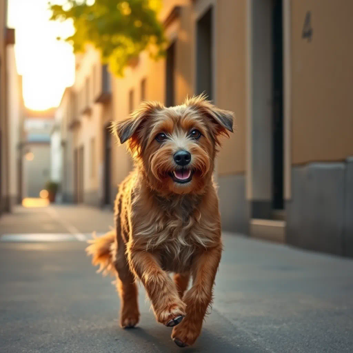 canine, strolling, serene alley, Vincent van Gogh, impressionism, golden hour, vibrant hues, motion capture, textured fur, emotional depth, dynamic perspective, urban environment, whimsy, playful yet contemplative, loose brushwork, soft focus, warm tones, quiet streetscape, artistic storytelling, timeless moment, subtle movement, harmonious composition, immersive experience