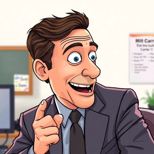 Michael Scott, comedic icon, office satire, clever humor, vibrant expression, exaggerated features, workplace antics, Steve Carell, sitcom legend, pop culture, quirky charisma, modern humor, vibrant colors, bold outlines, expressive gestures, cultural commentary, nostalgic sitcom, American comedy, character-driven narrative, playful dynamics, cartoon-esque, humor-infused composition, 21st-century sitcom, iconic television, surreal humor, charisma, personality-driven