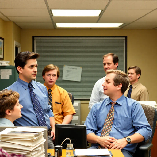 satirical, workplace comedy, 2000s television, vibrant characters, humorous interactions, Michael Scott, Jim Halpert, Dwight Schrute, sardonic wit, office dynamics, banter, mundane setting, Scranton, paper company, unconventional storytelling, ensemble cast, mockumentary style, Steve Carell, quirky relationships, deadpan humor, varied personalities, narrative arcs, expressive body language, exaggerated emotions, bright lighting, cheerful ambiance, subtle social commentary, scenographic composition