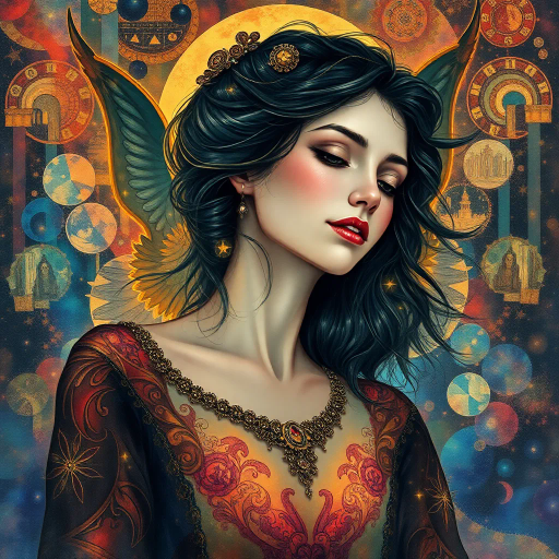 ethereal woman, intricate detailing, vibrant hues, chiaroscuro lighting, art nouveau, Klimt-inspired, surrealism, emotional depth, soft brush strokes, flowing lines, kaleidoscopic background, mystical atmosphere, ornate clothing, celestial influence, dreamlike quality, fractal patterns, luminous glow, feminine grace, watercolor textures, atmospheric depth, transcendental beauty, imaginative realism, delicate features, ethereal expression, cosmic symbolism, harmonious composition
