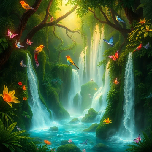 lush rainforest, shimmering waterfalls, ethereal glow, vibrant flora and fauna, enchanted forest, mystical atmosphere, surreal dreamscape, Jean-Baptiste Monge, Art Nouveau, chiaroscuro lighting, intricate details, vibrant color palette, nature's serenity, whimsical creatures, vivid greenery, cascading vines, enchanted canopy, mythical beings, harmonious balance, bioluminescent elements, immersive environment, artistic wonder, dreamlike aura