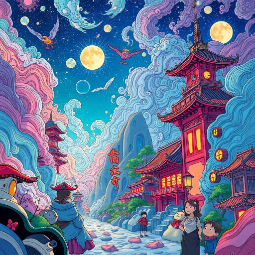 vibrant colors, dynamic composition, Studio Ghibli inspiration, detailed environments, expressive character designs, emotional depth, fantastical themes, cultural motifs, fluid motion, nostalgic atmosphere, distinctive line art, otherworldly settings, intricate detailing, magical realism, retro-futuristic elements, storytelling focus, character-driven narrative, visual storytelling, imaginative landscapes, enchanting creatures