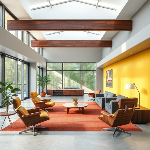mid-century modern, Bauhaus, sleek lines, Eames-inspired, ergonomic design, Scandinavian influence, minimalist approach, vibrant color palette, smooth textures, walnut wood, ash gray, retro-chic, functional art, open space, airy atmosphere, illuminated by natural light, iconic shapes, handcrafted elegance, avant-garde, balance and harmony, modular forms
