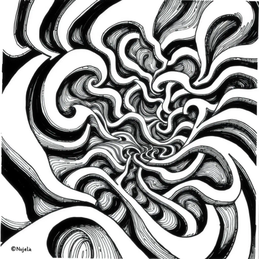 intricate patterns, geometric shapes, flowing lines, minimalist design, abstract expression, monochrome palette, dynamic movement, M.C. Escher influence, precise detailing, linear perspective, visual harmony, spatial depth, surreal geometry, optical illusions, mathematical precision, avant-garde composition, Escherian landscapes, pen and ink medium, black and white contrast, intersecting lines, detailed tessellation, fluid dynamics, rhythmic patterns, visual paradox, complex symmetry, creative geometry, fine linework, subtle gradients, modern abstraction, artistic innovation, interlocking forms, infinite loops, artistic paradox, surreal complexity, Escheresque illusions, visual enigma, artistic contemplation, intricate symbology