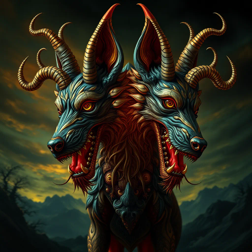 mythical creature, dual-headed dog, Cerberus-like, surreal atmosphere, intricate details, twilight lighting, vivid colors, ethereal glow, dynamic composition, folklore influences, Baroque inspiration, contrast between heads, symbolic duality, dramatic tension, metaphorical motifs, natural textures, canine anatomy, visionary artistry, imaginative dimensions, vibrant aura, narrative depth, Tim Burton-esque, unsettling yet captivating, enigmatic presence, fantastical realism