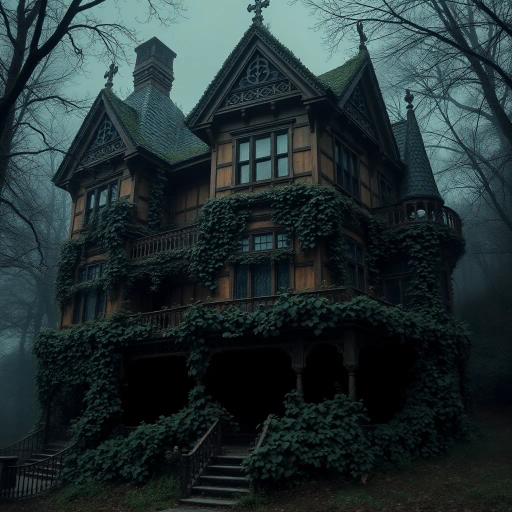 abandoned Victorian mansion, overgrown ivy, intricate woodwork, dark and moody, gothic architecture, muted earth tones, dramatic lighting, misty atmosphere, surrealism, decay, Tim Burton influence, cobweb textures, hidden mysteries, eerie stillness, romantic ruin, shadows and highlights, Victorian era, antique furniture, faded opulence, storytelling, melancholic nostalgia, high detail, soft brushstrokes, atmospheric depth, dilapidated elegance, mystery and allure, historical aura, vintage charm