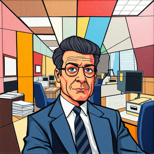 Michael Scott, geometric, cubist influence, abstract expressionism, vibrant color palette, office space, surreal composition, modern corporate satire, intricate line patterns, fragmented forms, Dunder Mifflin, pop art, humor, whimsical tone, mixed media, overlapping shapes, exaggerated proportions, dynamic angles, bold contours, cultural commentary, contemporary setting, pastel highlights, texture variation, visual rhythm, abstract storytelling, conceptual depth, dimensional interplay