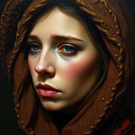 hyper-realistic portrayal, detailed textures, chiaroscuro lighting, vibrant and muted color palette, emotional depth, large scale framing, Renaissance influence, lifelike representation, dramatic composition, John Singer Sargent, Vermeer influences, vivid realism, intricate patterns, timeless atmosphere, focus on facial expressions, subtle brushwork, three-dimensional depth, intimate perspective, storytelling elements, realistic textures, meticulous detail