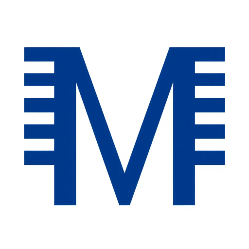 Geometric M lettermark, bold parallel vertical strokes, angled V-shaped bridges, hierarchy levels, indigo blue, minimalism, flat vector, white background, Bauhaus influence, modernist design, symmetry, clean lines, negative space, minimalist composition, abstract geometry, structural balance, graphic precision, contemporary aesthetics, visual hierarchy, simplicity and sophistication