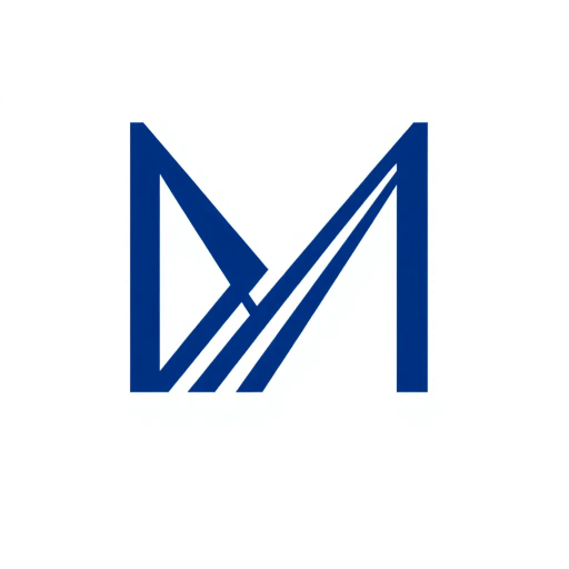 geometric M lettermark, bold vertical strokes, angled V-shaped bridges, hierarchy, solid indigo blue, minimalism, flat vector design, clean white background, modern typography, precision, simplicity, strong visual identity, abstract representation, corporate branding, bold lines, negative space, symmetrical composition, Bauhaus influence, contemporary design