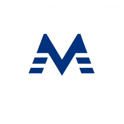 geometric M lettermark, bold vertical strokes, angled V-shaped bridges, hierarchy, solid indigo blue, minimalism, flat vector design, clean white background, modern typography, precision, simplicity, strong visual identity, abstract representation, corporate branding, bold lines, negative space, symmetrical composition, Bauhaus influence, contemporary design