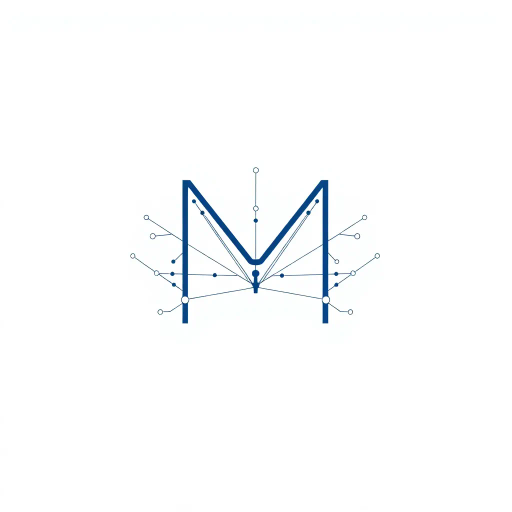 abstract design, letter M, logo, minimalism, thin branching lines, tree hierarchy, geometric symmetry, vector art, indigo gradient, white background, contemporary art, Bauhaus influence, structural composition, node connection, modern aesthetics, elegant flow, clean lines, simplicity, dynamic form, modular design, technological theme, minimalist elegance, visual balance, artistic ingenuity