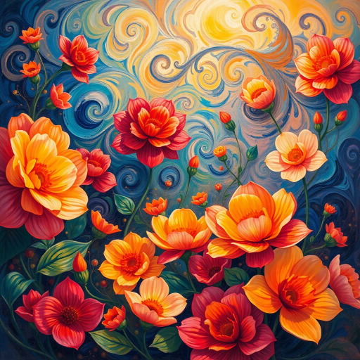 vibrant blossoms, surreal garden, Vincent van Gogh inspiration, swirling forms, enchanting florals, vivid hues, dynamic brushstrokes, ethereal light, immersive depth, dreamlike ambiance, whimsical petals, Chagall influences, romantic undertones, bold contrasts, organic textures, emotive expression, Impressionist era, delicate layering, nature's elegance, harmony, cheerful mood